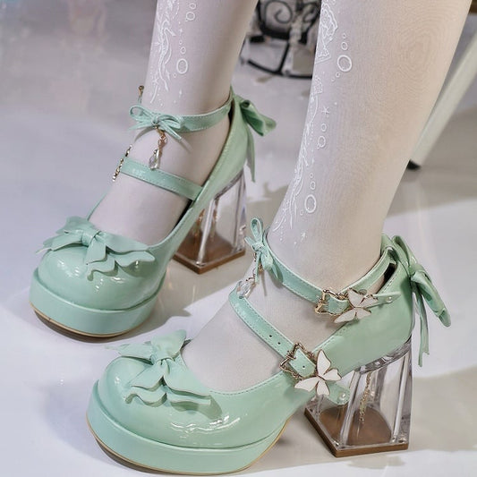Lolita Butterfly Janes Motif Strass Vert Hime Clair avec Mary Étincelante Polie