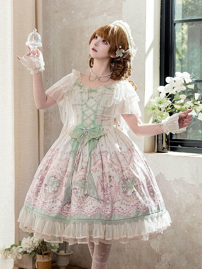 Floral Square Dress Lolita Elegant Moth Green and with Details Neckline Lace Pink Print