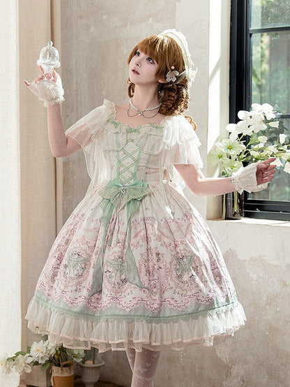 Floral Square Dress Lolita Elegant Moth Green and with Details Neckline Lace Pink Print