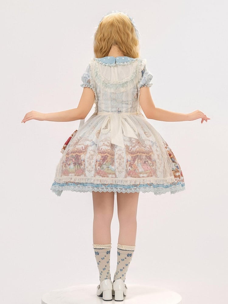 Azure Alice in Wonderland Theme Print Polka-dot Collar Sweet Gown - Forest Fairy Tales