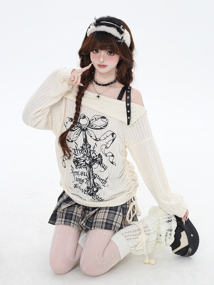 Print Graphic Black Top Edgy with Waist Drawstring Apricot Off-Shoulder Bittersweet