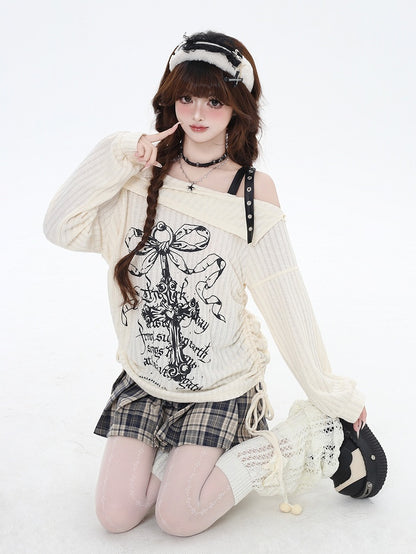 Print Graphic Black Top Edgy with Waist Drawstring Apricot Off-Shoulder Bittersweet