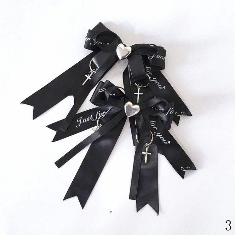 with Kei Ribbon and Charms Black/Black Pink Cross Rhinestone Heart-Shaped Bow Jirai Hairclips