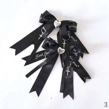 with Kei Ribbon and Charms Black/Black Pink Cross Rhinestone Heart-Shaped Bow Jirai Hairclips