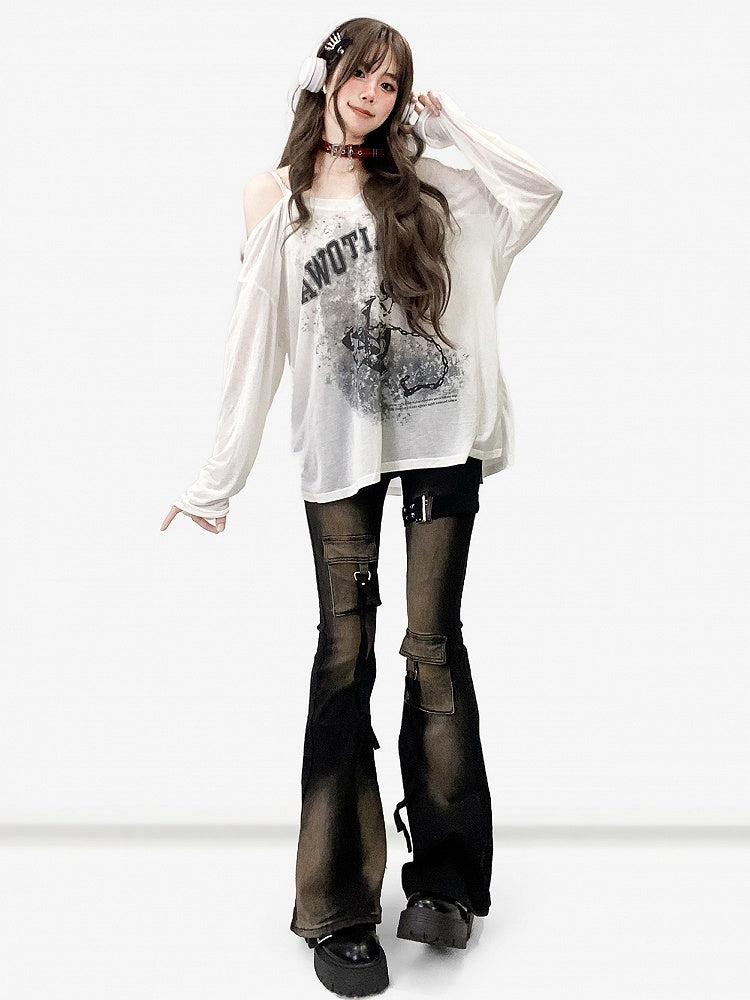 非対称プリントトップス、ネックライン、長袖、ホワイトデザイン