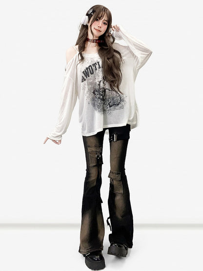 非対称プリントトップス、ネックライン、長袖、ホワイトデザイン