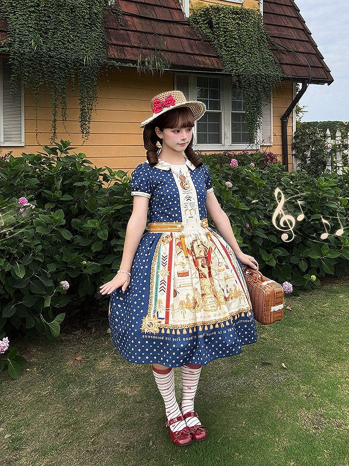 Short Dark Blue Musical Print Peter Pan Collar OP Dress with Tassels - Crucis Universal Tailor Company