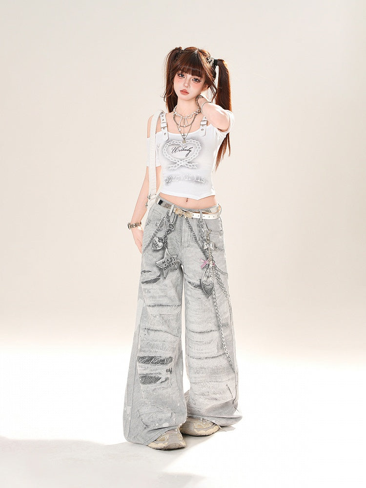 ネックライン ハートプリント クロップド オフショルダー Tシャツ ホワイト