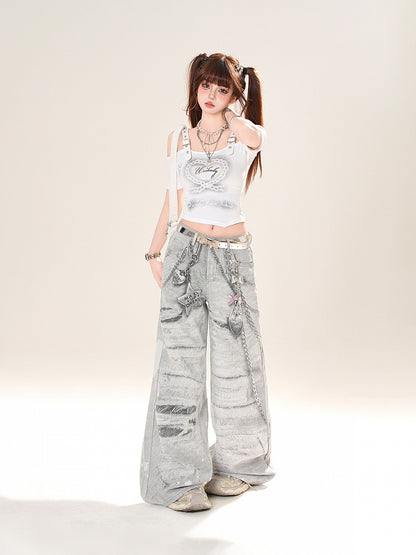 ネックライン ハートプリント クロップド オフショルダー Tシャツ ホワイト