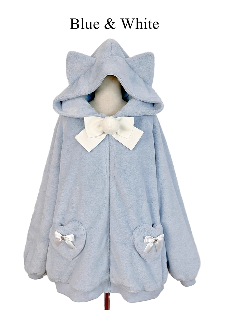 12 Kitty-Ear Jacket Bows Detachable Hooded with Pompom Jirai Available Colors Plush Kei