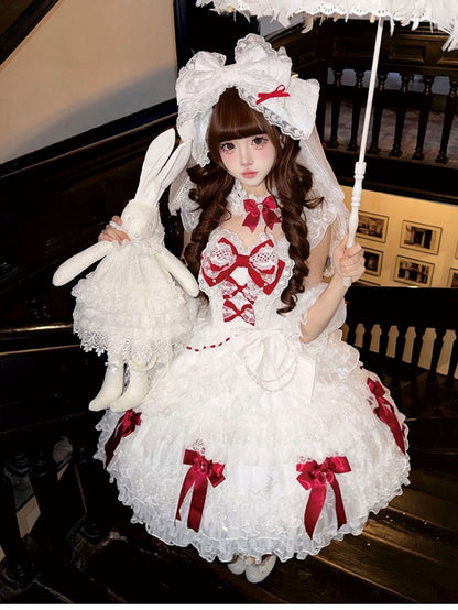 Lolita Red Accents with Sweet Lace Dress Bow White JSK and Princess