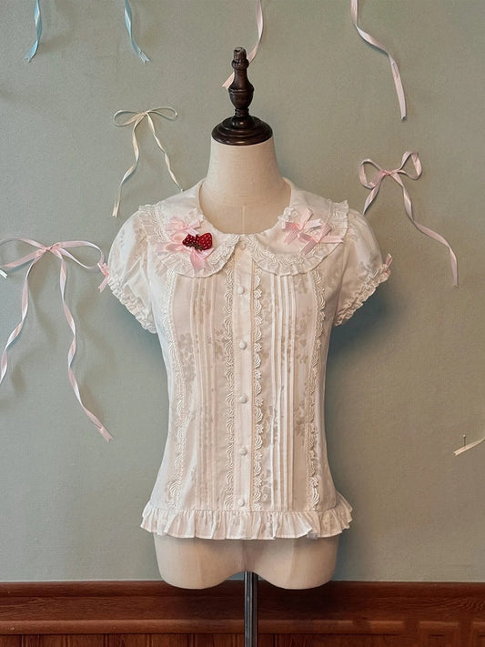 Peter Sleeves Decorated Collar Pan Puff Blouse Bows White Pink