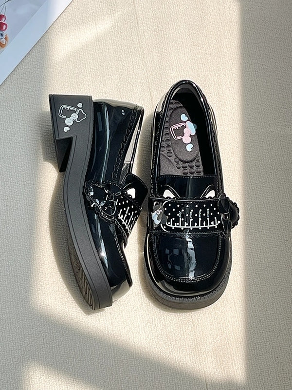 Preppy Kitty Bottle PU Milk Print Ear Black Mid-heel Style Slip-Ons in Decor