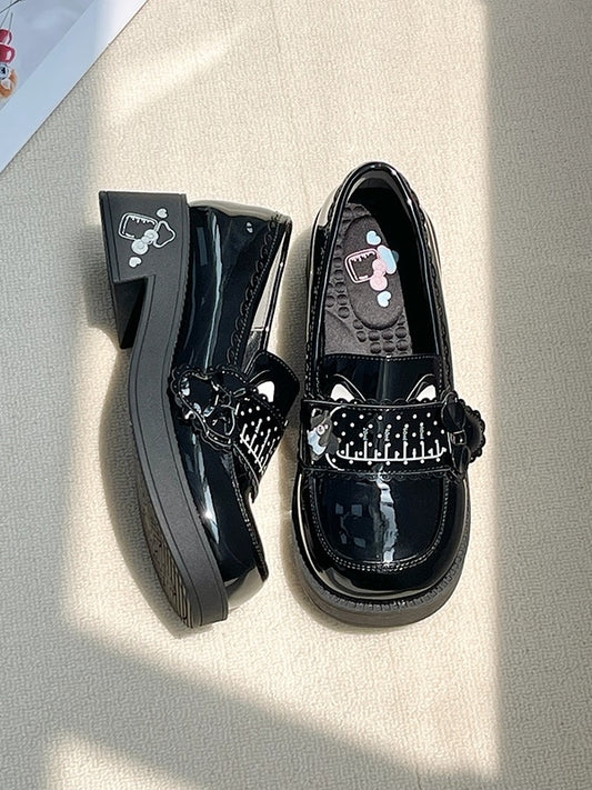 Preppy Kitty Bottle PU Milk Print Ear Black Mid-heel Style Slip-Ons in Decor
