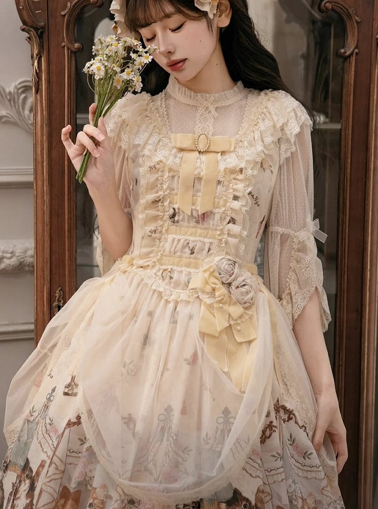 Beige/Green Flower Sweet Lolita Brooch / Hairclip with Velvet Bow - NyaNya