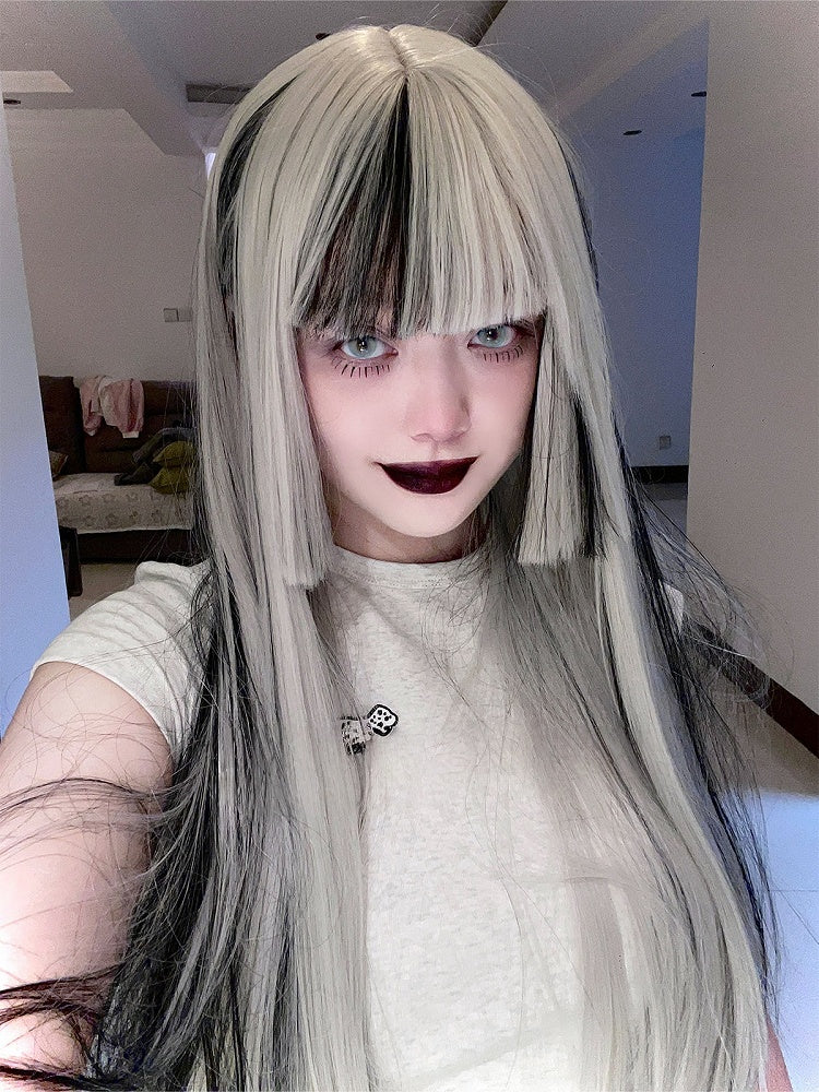 Straight Full Bangs Hime Silver 80CM Black Cut with Wig Highlight