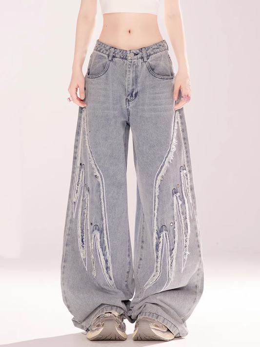 Vintage Wide-leg Jeans Light Blue Rise Wings Embroidery Applique Low