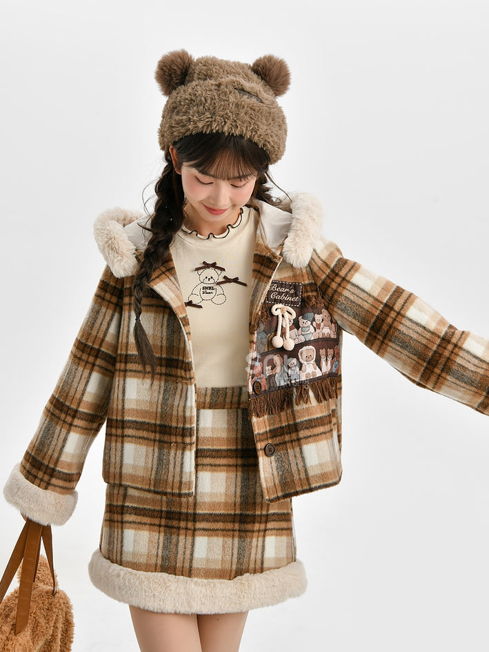 Brown High Waist Plaid Skirt Plush Trim