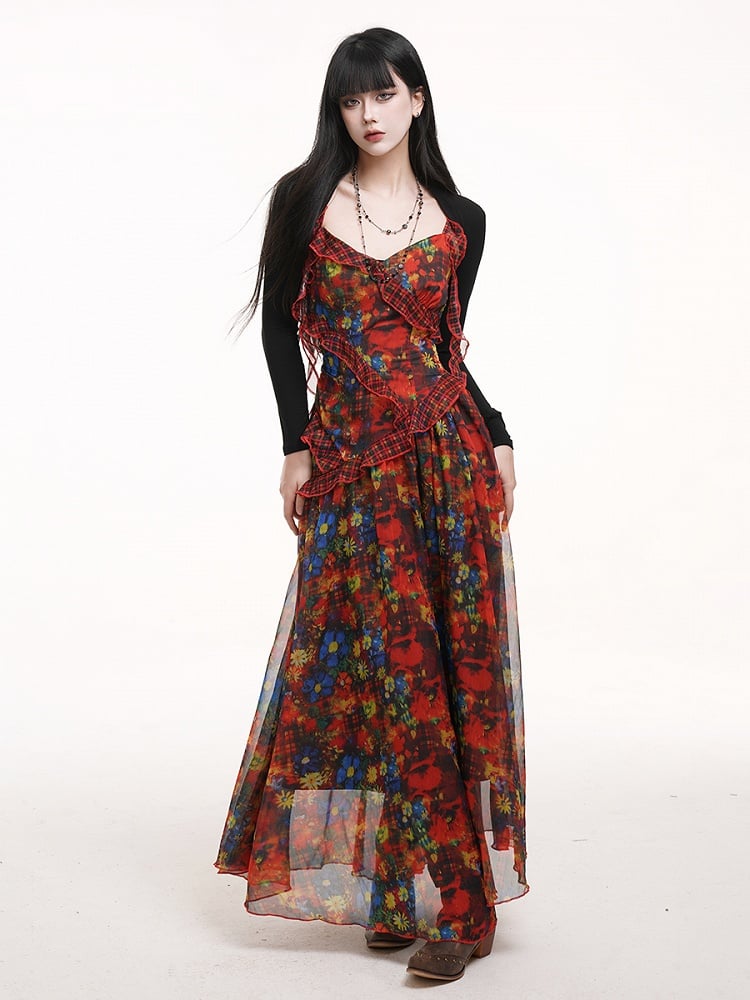 Cascading Dye Straps with Ribbon Red Slip Plaid Floral Dress Ruffles Tie