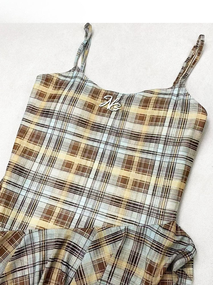 Cami Pattern Y2K Blue Asymmetrical Hem Plaid Glamorous Dress