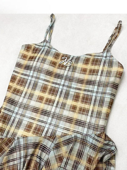 Cami Pattern Y2K Blue Asymmetrical Hem Plaid Glamorous Dress