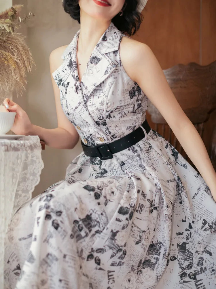 ブレザーカラー 1950年代 レトロドレス 夏ファッション プリント 新聞