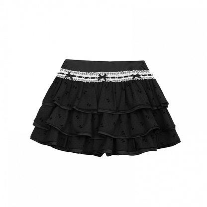 Black Trim Three-Tiered Mini Skirt Lace