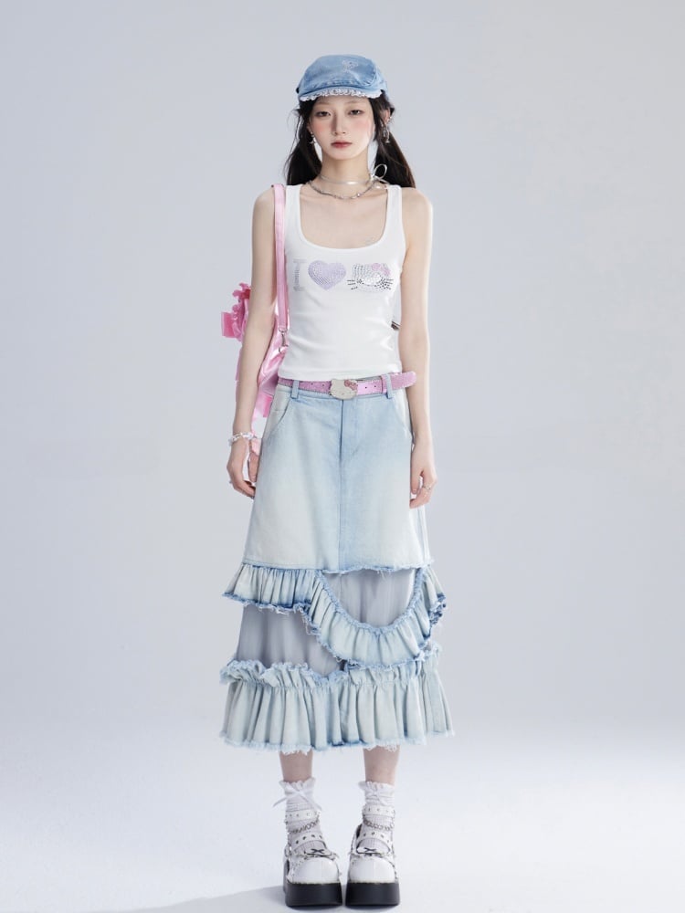 Jeansrock mit Taille, gestufte Rüschen, asymmetrisch, verblasste Waschung, blau, niedrig