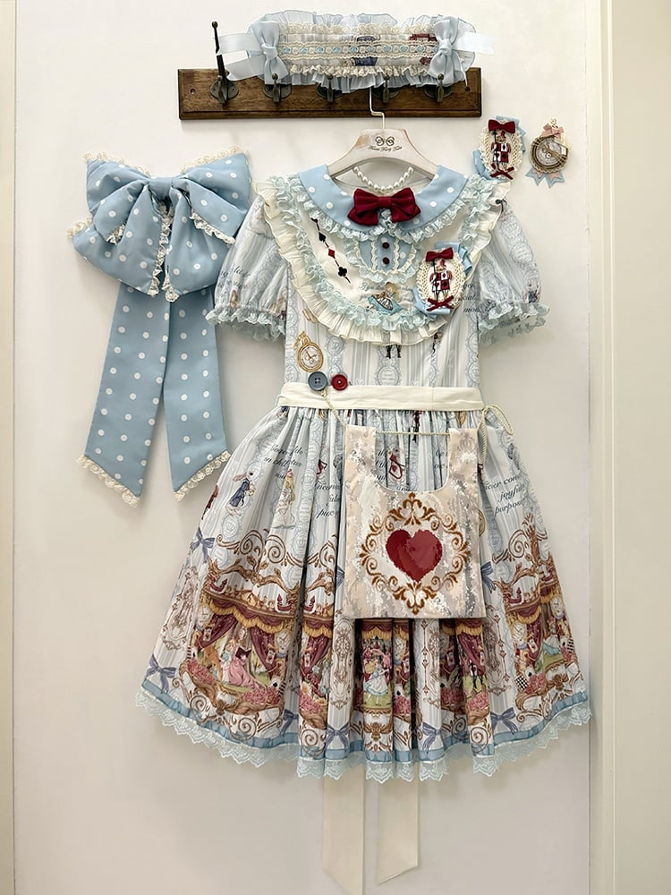 Azure Alice in Wonderland Theme Print Polka-dot Collar Sweet Gown - Forest Fairy Tales
