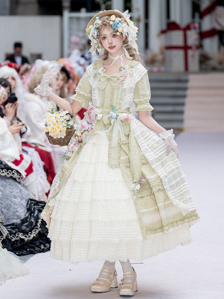 Green Layered Ruffles Elegant Lolita Dress Front Button Placket - Miss Point