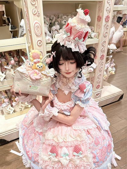 Pink Strawberry Cake-Shaped Lolita Hat with Lace Trim - Ball Lolita