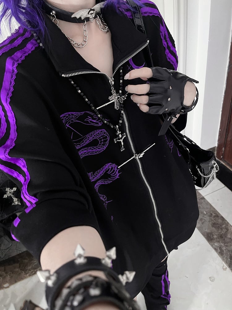 Black Style Jacketwith Striped Embroidery Gothic Purple SleevesSnake Cheongsam Short Tracksuit