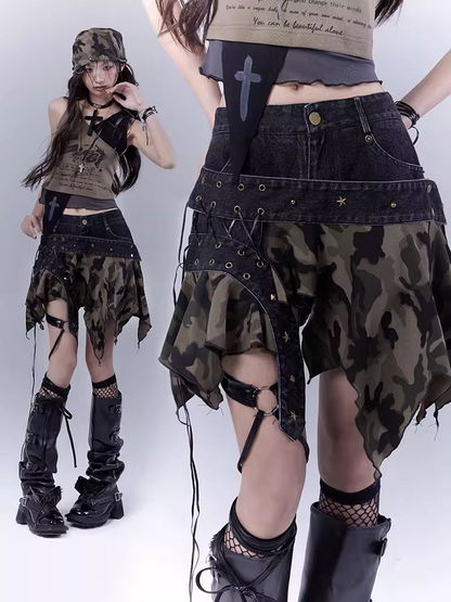 Waist Camo Handkerchief Hem Low Detail Lace-up Distressed Denim Skort