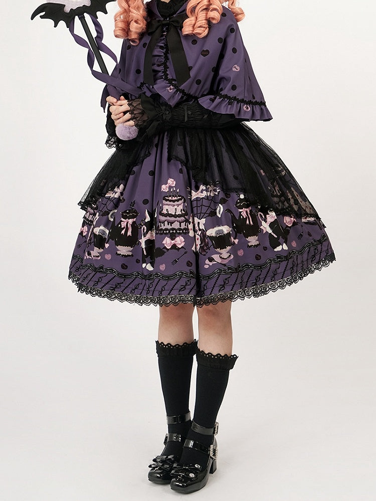 Lolita and Straps Ruffle Waist High Print Kitty Purple Cake Detachable Skirt with