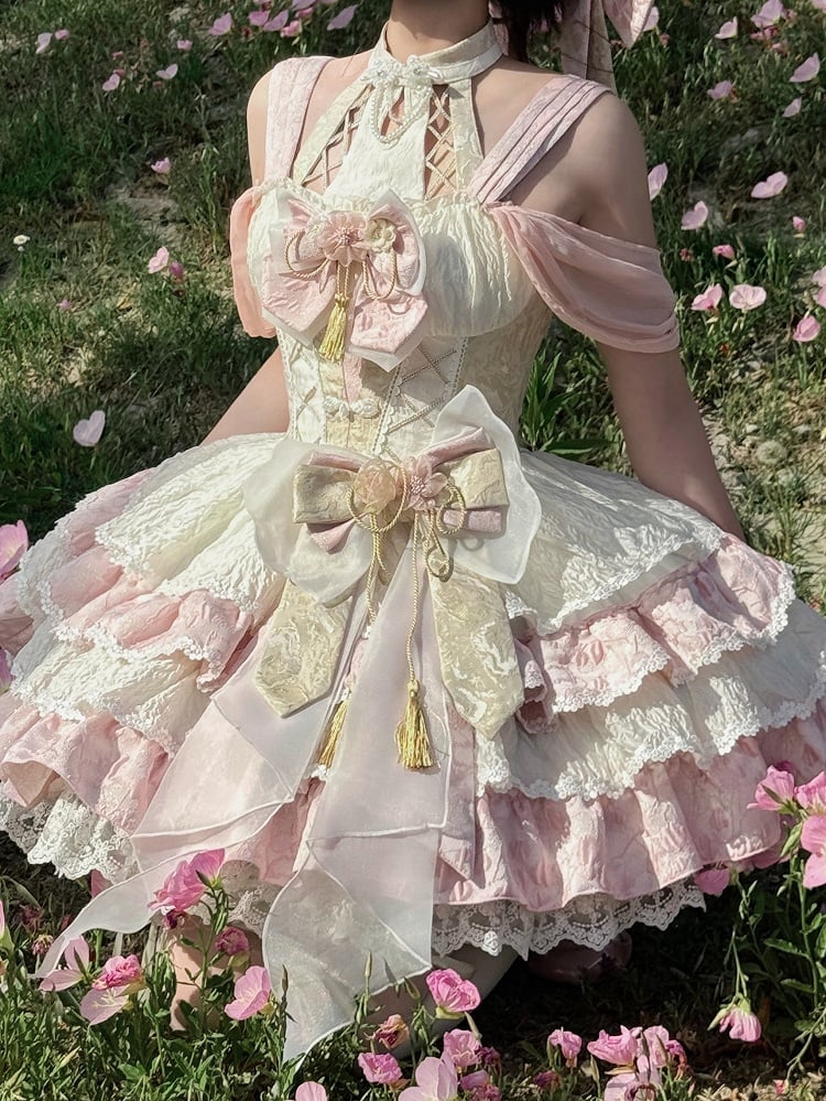 ネックバスクドレス ウエストピンクスカート ホルターティアードQi取り外し可能ロリータ