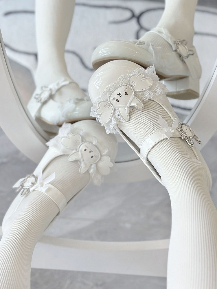 Applique Accents Low/Mid Wing Heels Sweet White - Lolita Toe Round Rabbit