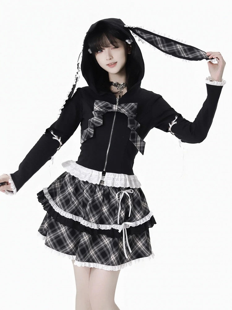 Schnürung, Spitzenbesatz, Hasenohren, weiß/schwarzes Design, Kapuze, Reißverschluss, Kapuzenärmel, abnehmbar