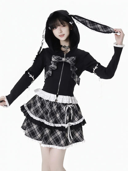 Schnürung, Spitzenbesatz, Hasenohren, weiß/schwarzes Design, Kapuze, Reißverschluss, Kapuzenärmel, abnehmbar