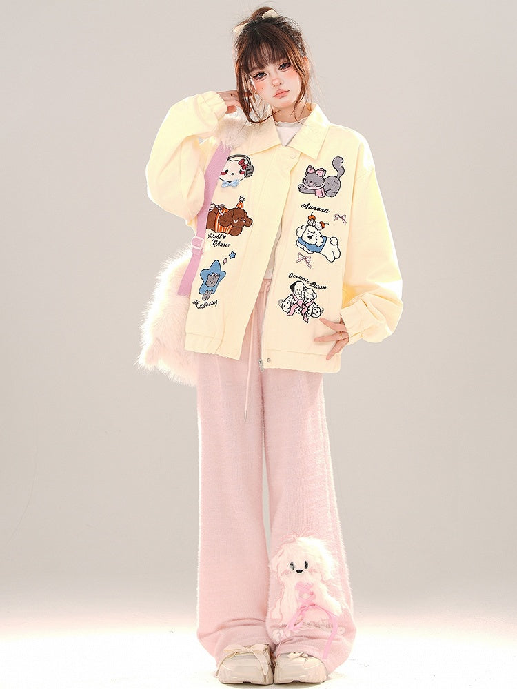 Pink/Apricot Cute Animal Zip Placket Baseball Jacket