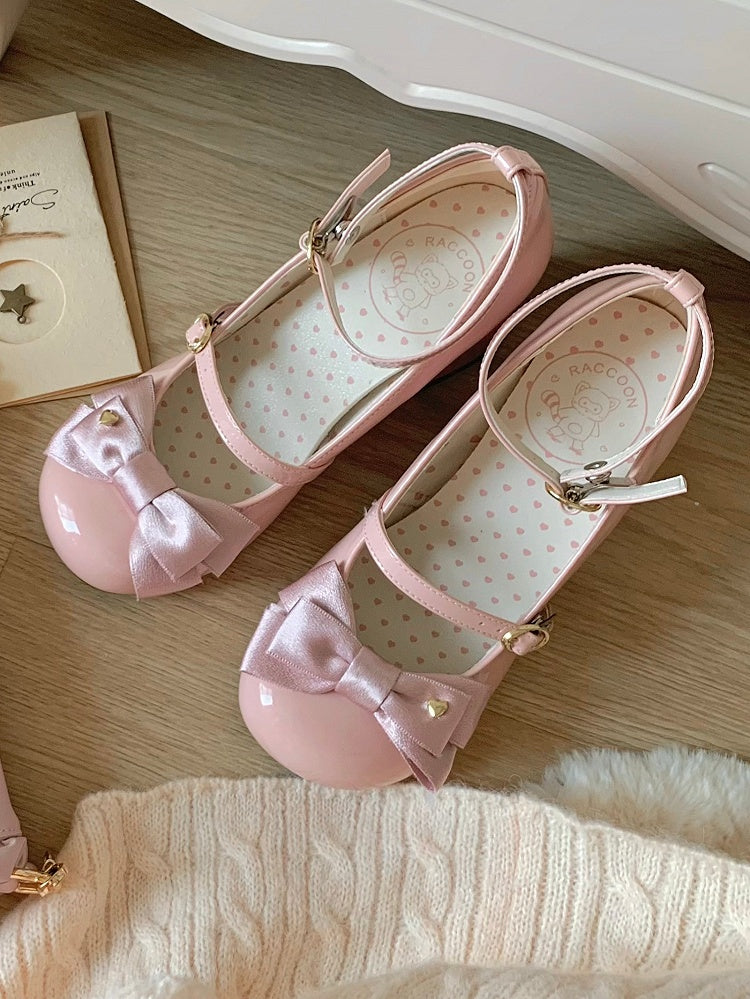 High PU Janes Mary Bow Lolita Elegant Pink Heel Block Heart-Adorned -