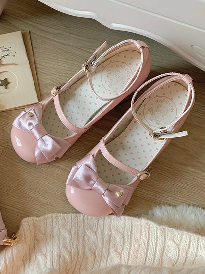 High PU Janes Mary Bow Lolita Elegant Pink Heel Block Heart-Adorned -