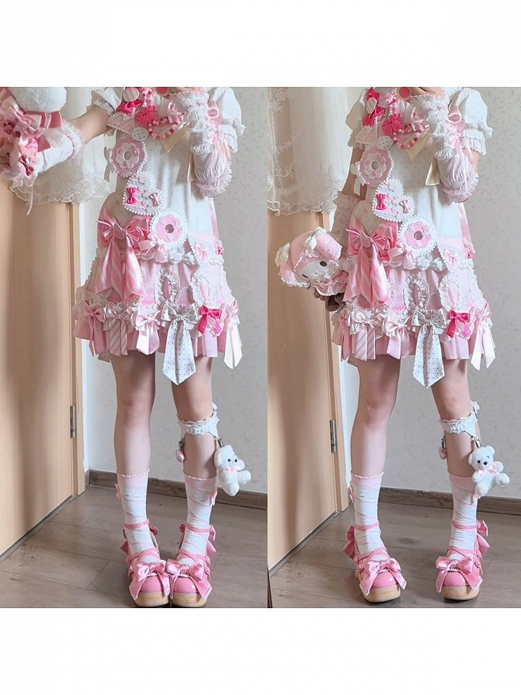 Polka Dot Bow Low-Waist JSK in Pink and White with Adjustable Straps - sedef