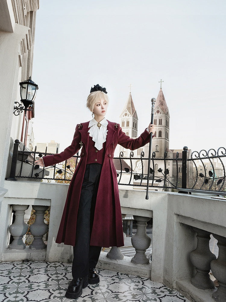 + Wings Shirt Red Collar Sleeves Black Waist High Pants Ouji Coat Cross Long Charms Bat Lolita White