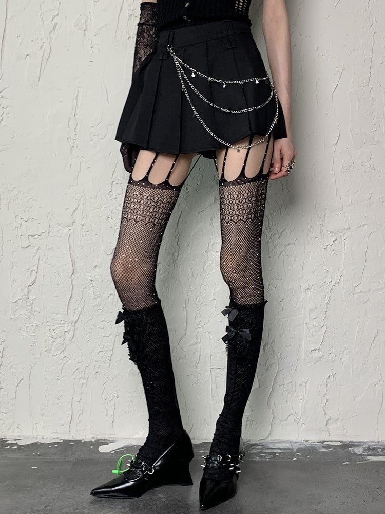 Suspender Black Fishnet Rhinestone Tights Y2K