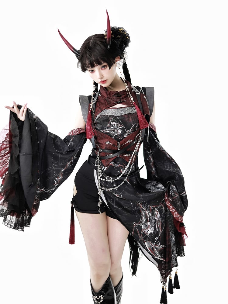 Lace-Trimmed Accents Detachable and Sleeves with Red Black Tassel