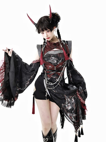 Lace-Trimmed Accents Detachable and Sleeves with Red Black Tassel