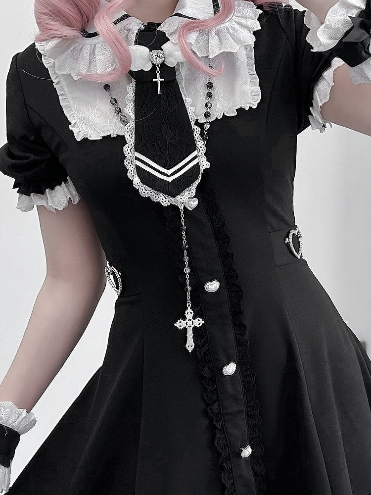 Tie Jirai Kei Set- Wrist + Black Available Lace Trim Dress + Cuffs Size Plus Shorts