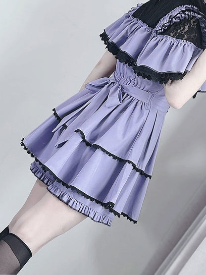 Violet Jirai Kei Short Sleeve Coord - Cross-Strap Illusion Neckline Dress & Matching Shorts
