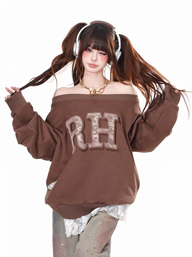 ブラウン/グレー オフショルダー ネックライン レター ルーズ スウェットシャツ