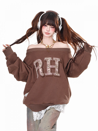 ブラウン/グレー オフショルダー ネックライン レター ルーズ スウェットシャツ